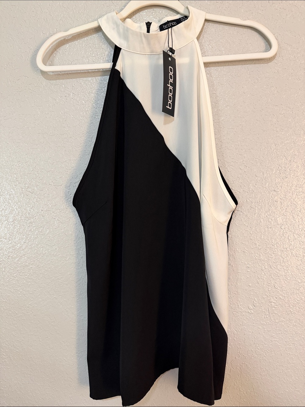 Boohoo Rosie Spliced High Neck Woven Top White and Black